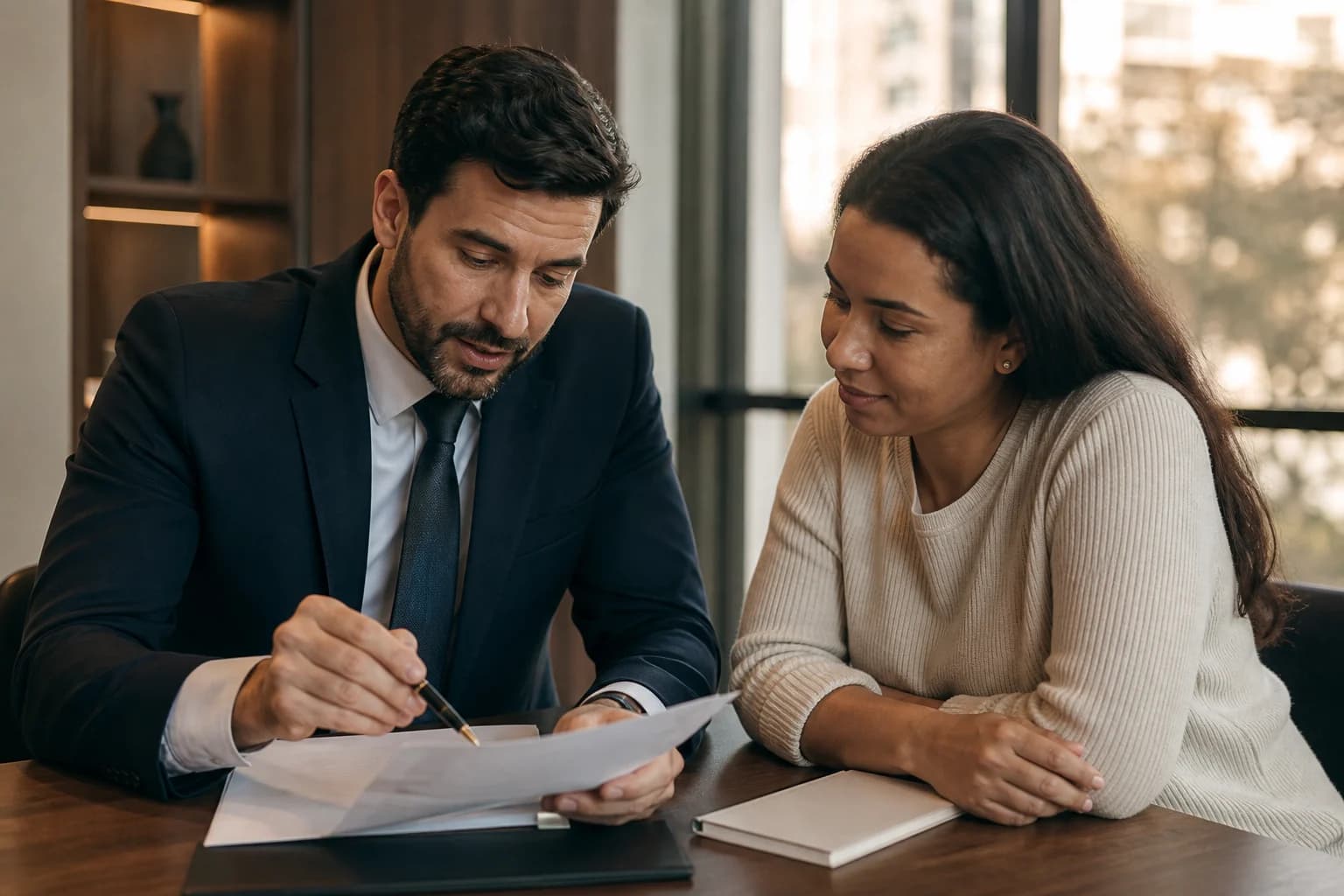 Advogado analisando documentos trabalhistas ao lado de uma cliente